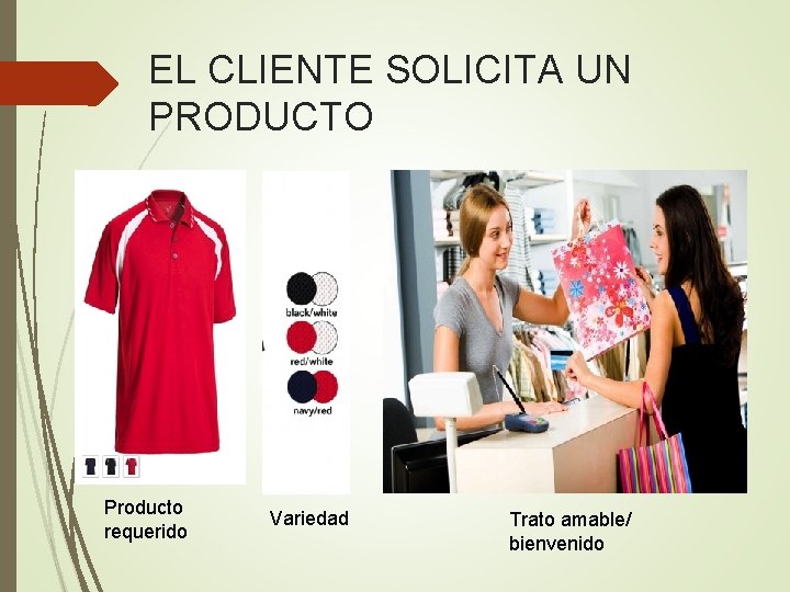 EL CLIENTE SOLICITA UN PRODUCTO Producto requerido Variedad Trato amable/ bienvenido EL CLIENTE SOLICITA UN PRODUCTO Producto requerido Variedad Trato amable/ bienvenido