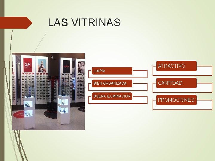 LAS VITRINAS ATRACTIVO LIMPIA BIEN ORGANIZADA BUENA ILUMINACION CANTIDAD PROMOCIONES 