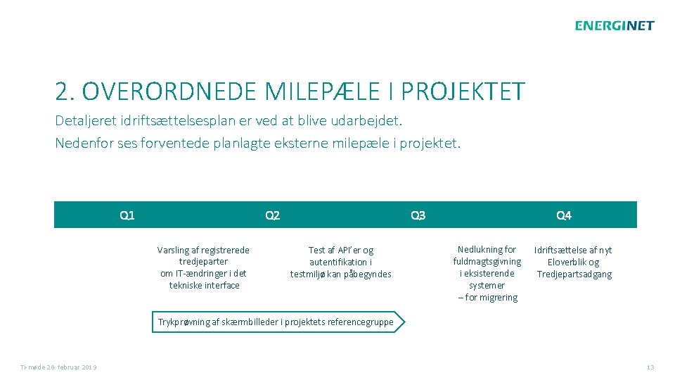 2. OVERORDNEDE MILEPÆLE I PROJEKTET Detaljeret idriftsættelsesplan er ved at blive udarbejdet. Nedenfor ses