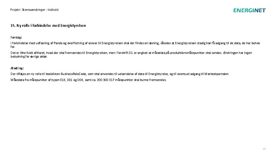 Projekt Skemaændringer - Indhold 15. Ny rolle i forbindelse med Energistyrelsen Forslag: I forbindelse