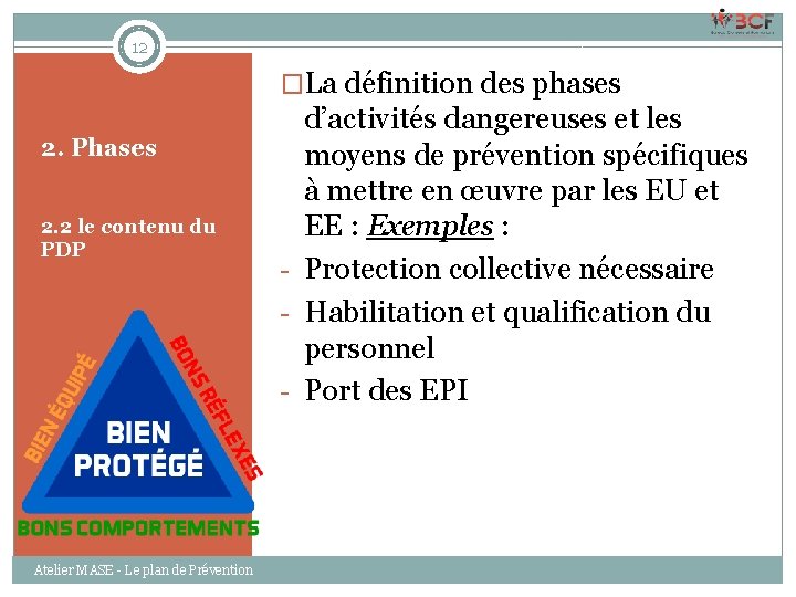 12 �La définition des phases 2. Phases 2. 2 le contenu du PDP Atelier