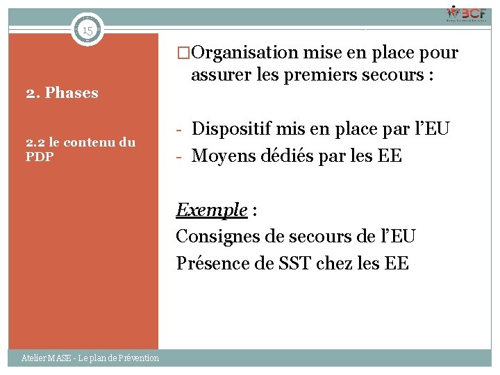 15 �Organisation mise en place pour 2. Phases 2. 2 le contenu du PDP