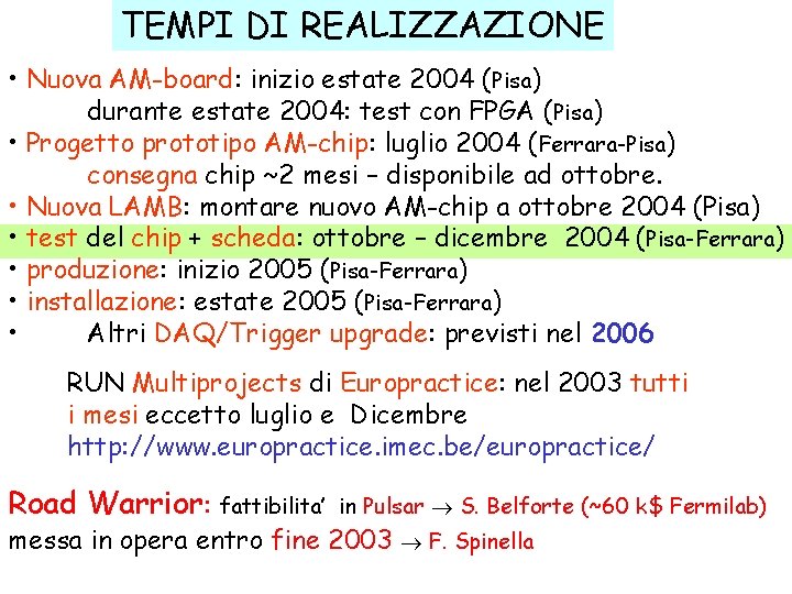 TEMPI DI REALIZZAZIONE • Nuova AM-board: inizio estate 2004 (Pisa) durante estate 2004: test