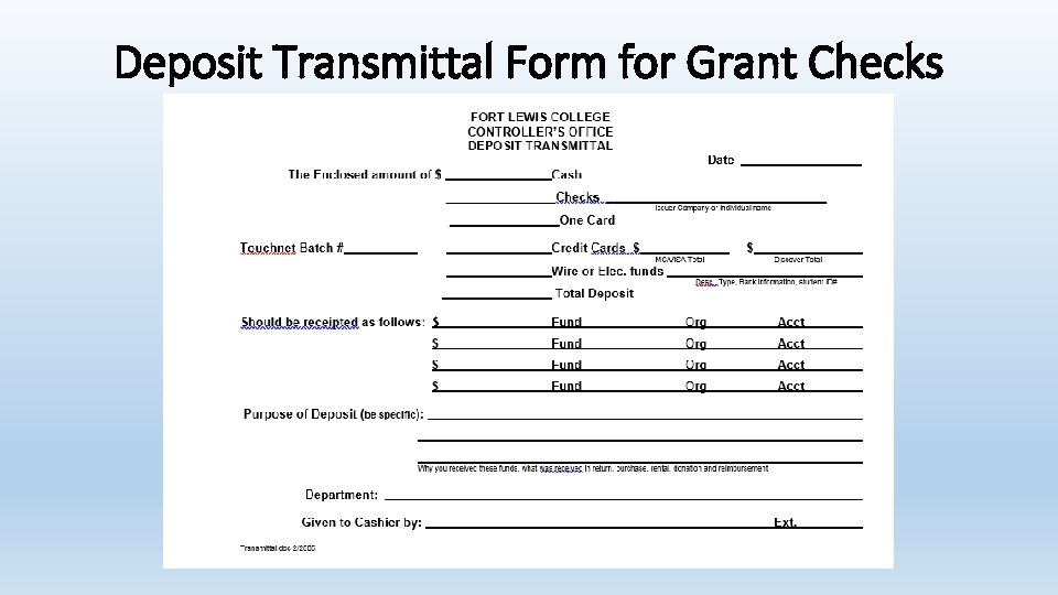 Deposit Transmittal Form for Grant Checks 