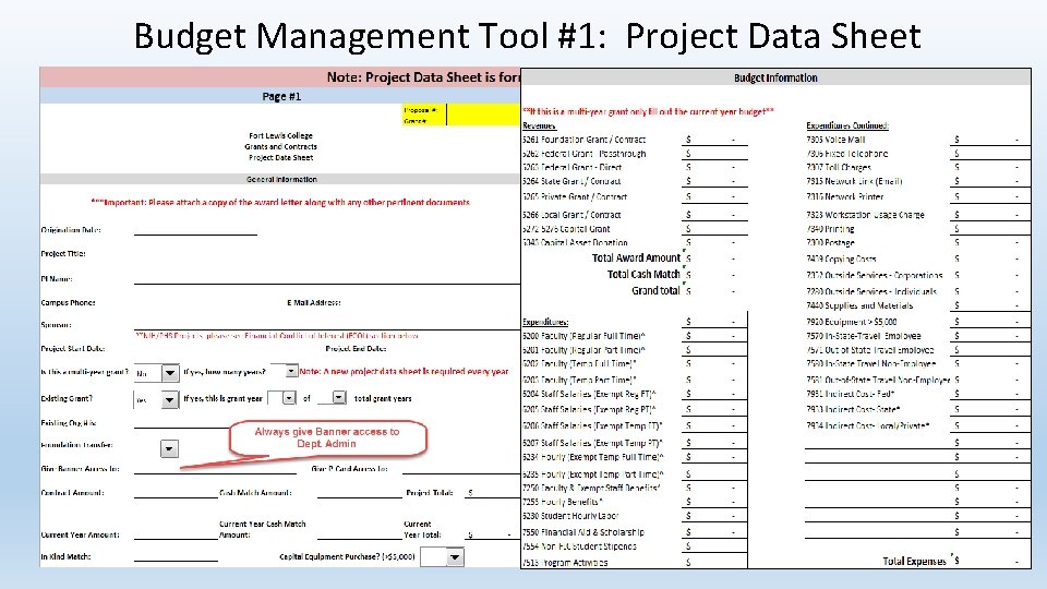 Budget Management Tool #1: Project Data Sheet 