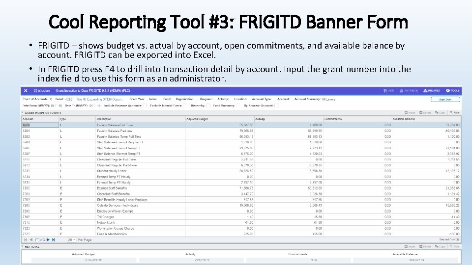 Cool Reporting Tool #3: FRIGITD Banner Form • FRIGITD – shows budget vs. actual