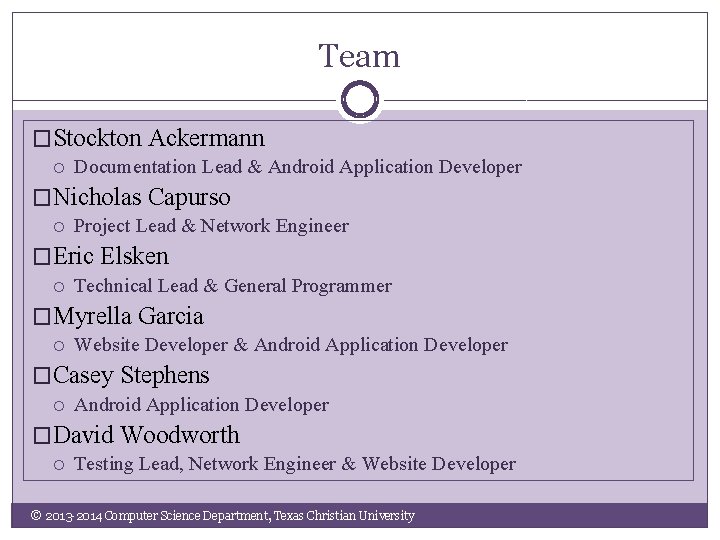 Team �Stockton Ackermann Documentation Lead & Android Application Developer �Nicholas Capurso Project Lead &