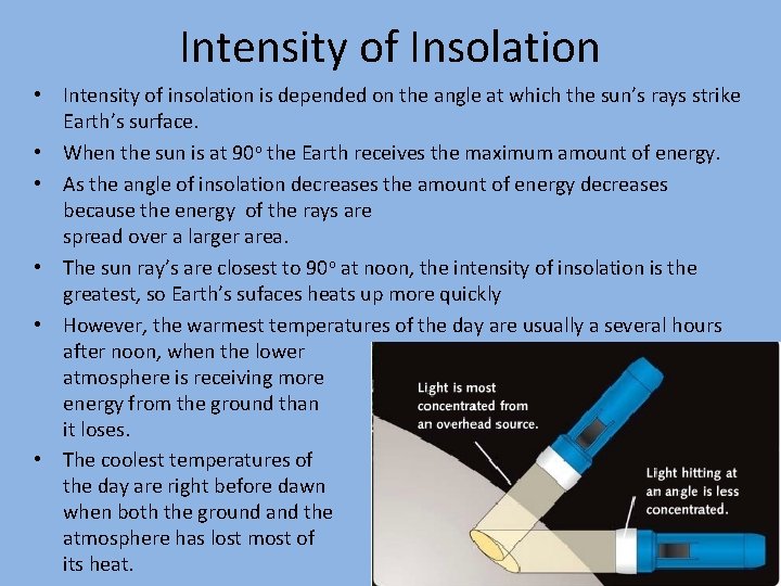 Intensity of Insolation • Intensity of insolation is depended on the angle at which