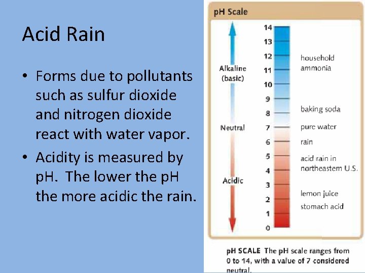 Acid Rain • Forms due to pollutants such as sulfur dioxide and nitrogen dioxide