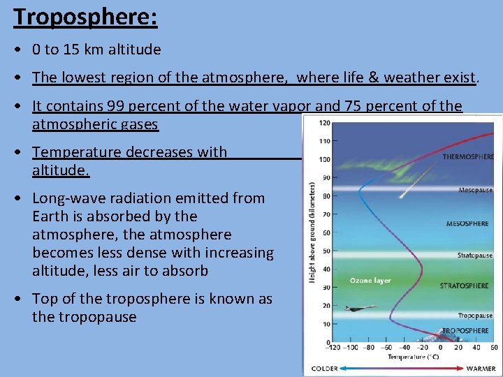 Troposphere: • 0 to 15 km altitude • The lowest region of the atmosphere,