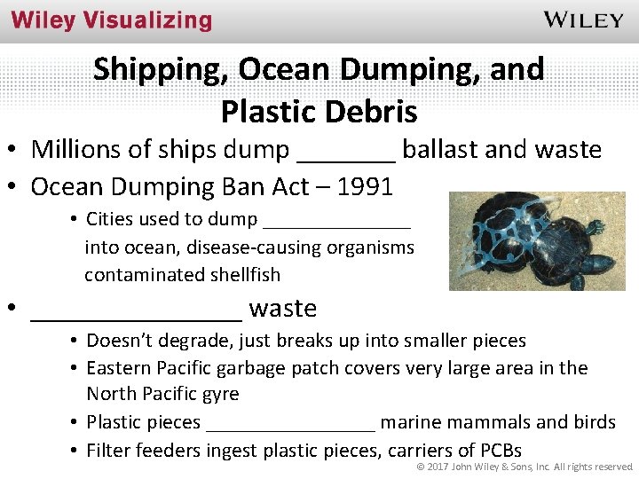 Shipping, Ocean Dumping, and Plastic Debris • Millions of ships dump _______ ballast and