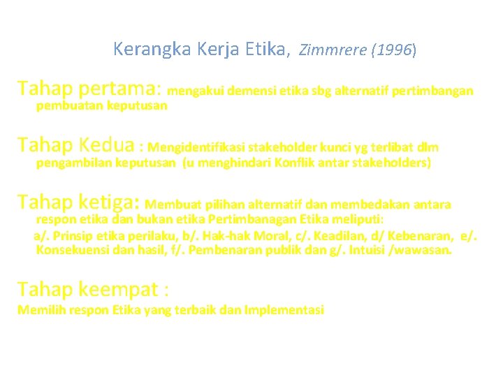 Kerangka Kerja Etika, Zimmrere (1996) Tahap pertama: mengakui demensi etika sbg alternatif pertimbangan pembuatan