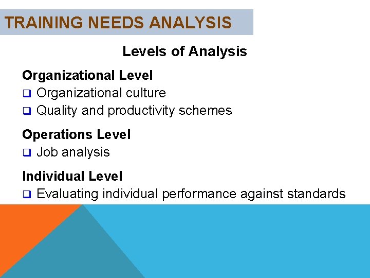 TRAINING NEEDS ANALYSIS Levels of Analysis Organizational Level q Organizational culture q Quality and