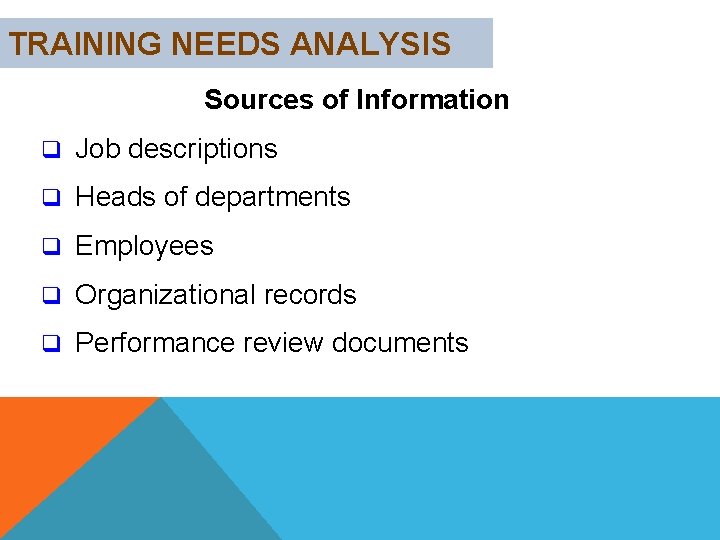 TRAINING NEEDS ANALYSIS Sources of Information q Job descriptions q Heads of departments q