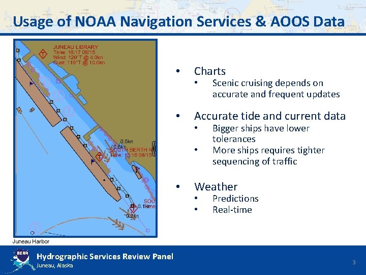 Usage of NOAA Navigation Services & AOOS Data • Charts • Accurate tide and