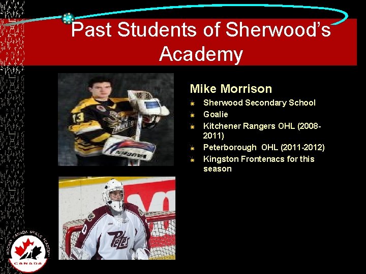 Past Students of Sherwood’s Academy Mike Morrison Sherwood Secondary School Goalie Kitchener Rangers OHL