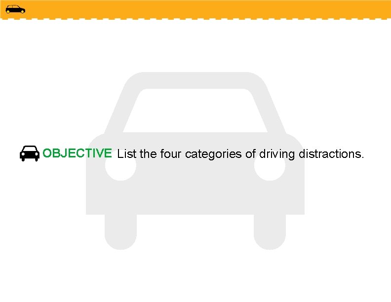 OBJECTIVE List the four categories of driving distractions. 