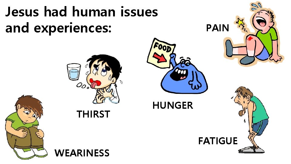 Jesus had human issues and experiences: THIRST WEARINESS PAIN HUNGER FATIGUE 