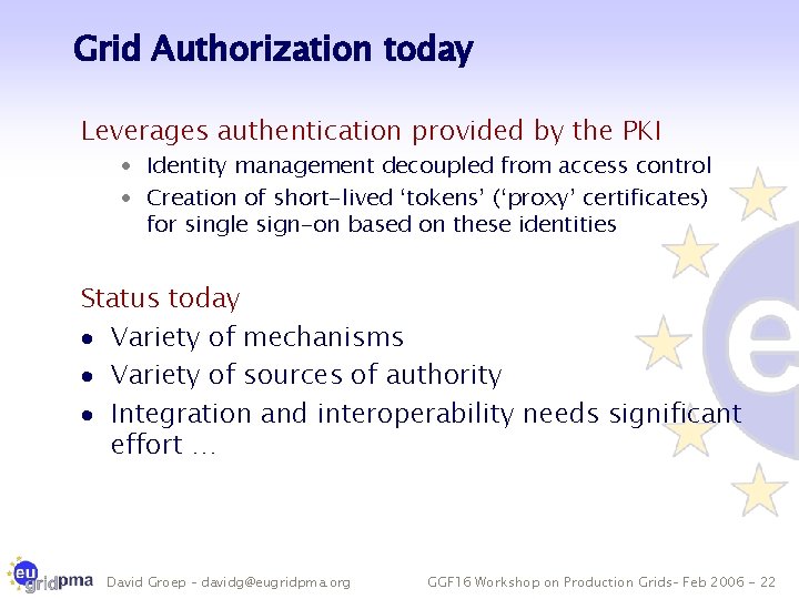 Grid Authorization today Leverages authentication provided by the PKI · Identity management decoupled from