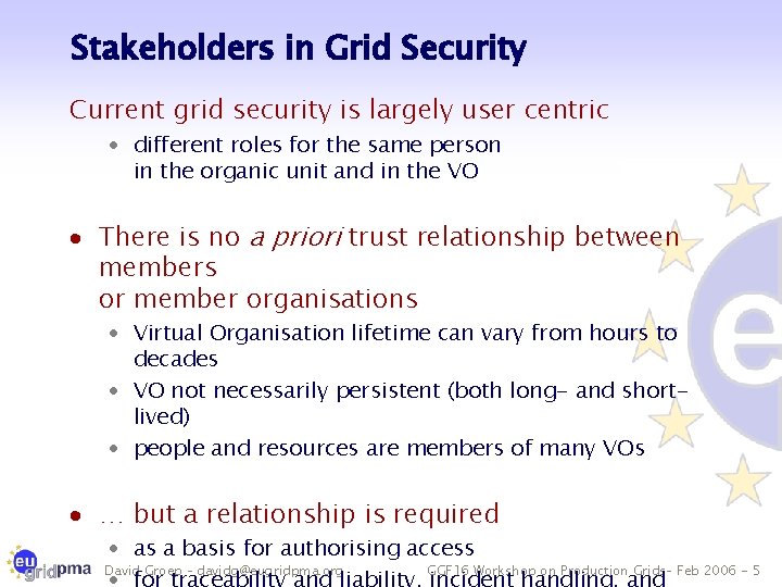 Stakeholders in Grid Security Current grid security is largely user centric · different roles