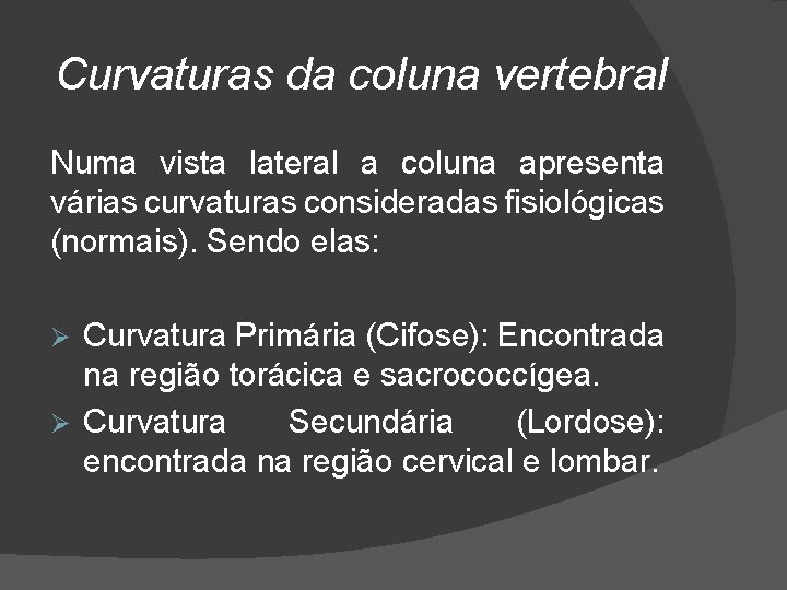Curvaturas da coluna vertebral Numa vista lateral a coluna apresenta várias curvaturas consideradas fisiológicas