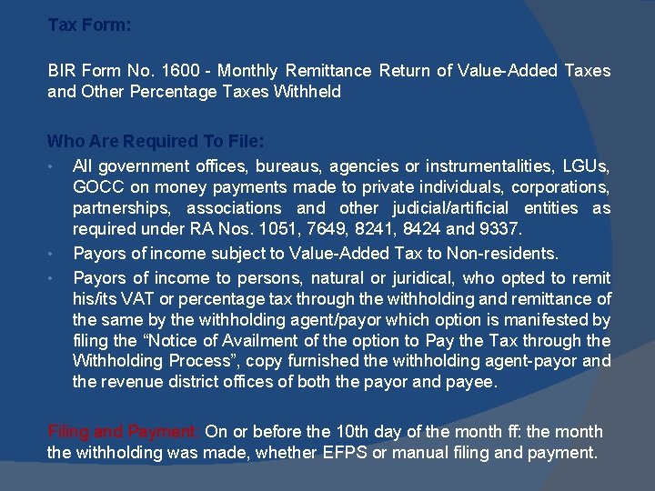 Tax Form: BIR Form No. 1600 - Monthly Remittance Return of Value-Added Taxes and
