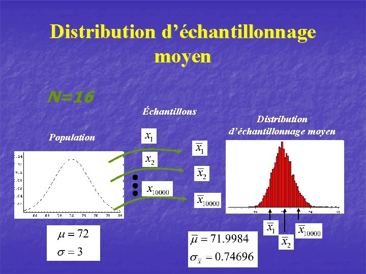 Distribution d’échantillonnage moyen N=16 Population Échantillons Distribution d’échantillonnage moyen 