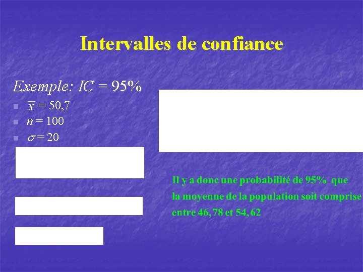 Intervalles de confiance Exemple: IC = 95% n n n = 50, 7 n