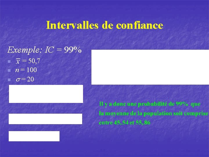 Intervalles de confiance Exemple: IC = 99% n n n = 50, 7 n