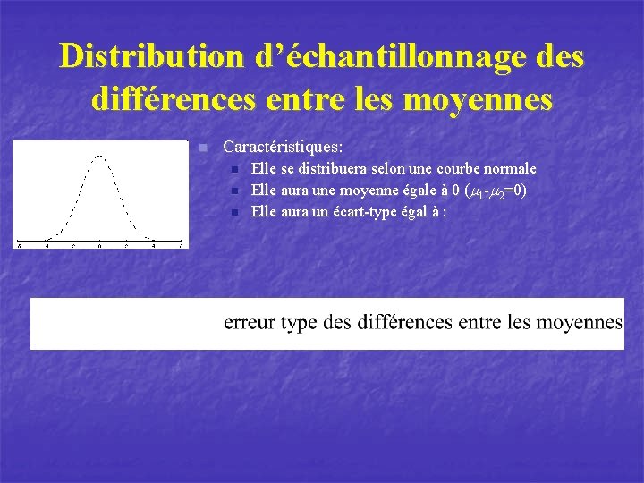 Distribution d’échantillonnage des différences entre les moyennes n Caractéristiques: n n n Elle se