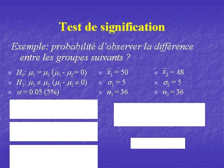 Test de signification Exemple: probabilité d’observer la différence entre les groupes suivants ? n