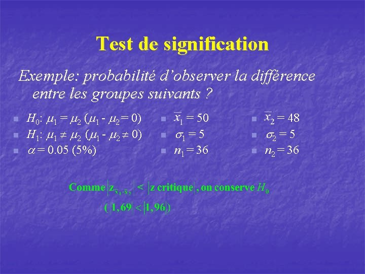 Test de signification Exemple: probabilité d’observer la différence entre les groupes suivants ? n