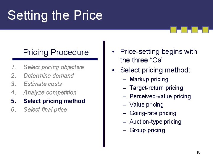 Setting the Pricing Procedure 1. 2. 3. 4. 5. 6. Select pricing objective Determine
