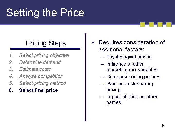 Setting the Pricing Steps 1. 2. 3. 4. 5. 6. Select pricing objective Determine