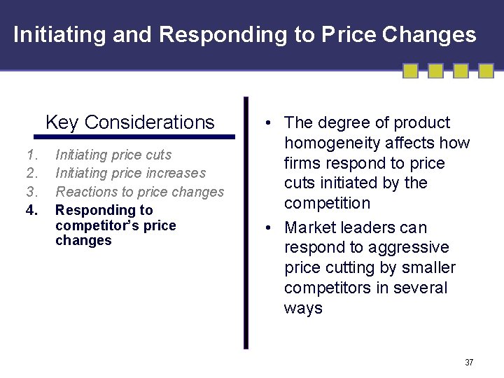 Initiating and Responding to Price Changes Key Considerations 1. 2. 3. 4. Initiating price
