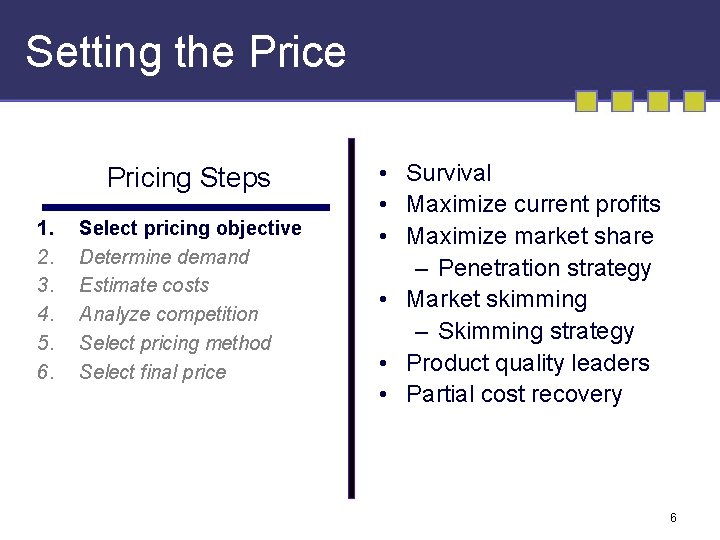 Setting the Pricing Steps 1. 2. 3. 4. 5. 6. Select pricing objective Determine