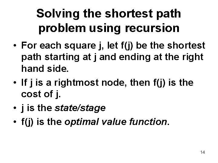 Solving the shortest path problem using recursion • For each square j, let f(j)