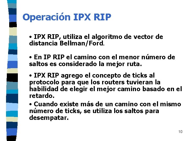 Operación IPX RIP • IPX RIP, utiliza el algoritmo de vector de distancia Bellman/Ford. Operación IPX RIP • IPX RIP, utiliza el algoritmo de vector de distancia Bellman/Ford.