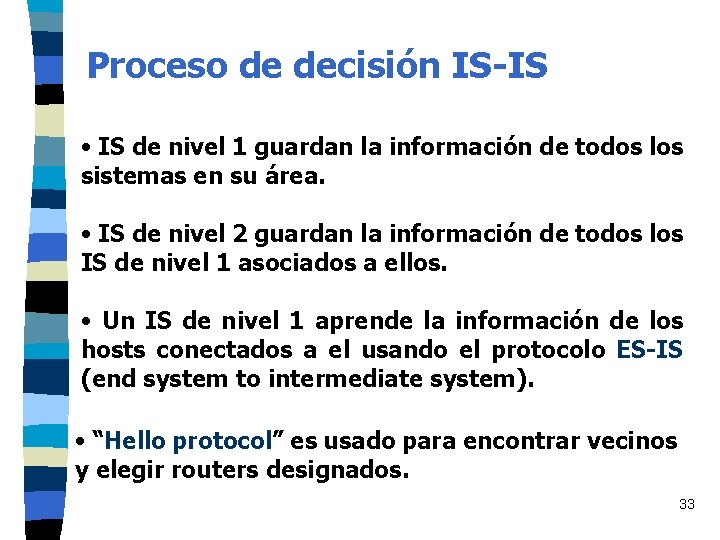 Proceso de decisión IS-IS • IS de nivel 1 guardan la información de todos Proceso de decisión IS-IS • IS de nivel 1 guardan la información de todos