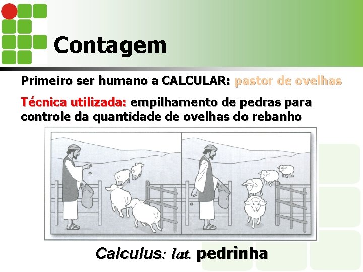 Contagem Primeiro ser humano a CALCULAR: pastor de ovelhas Técnica utilizada: empilhamento de pedras