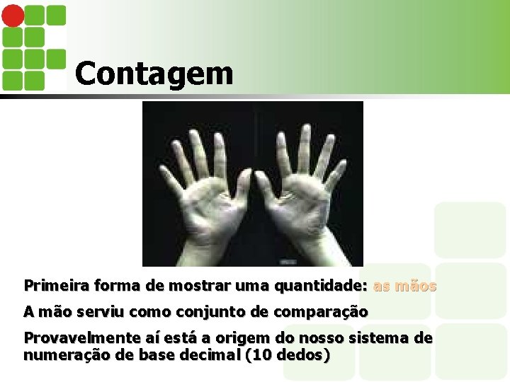 Contagem Primeira forma de mostrar uma quantidade: as mãos A mão serviu como conjunto