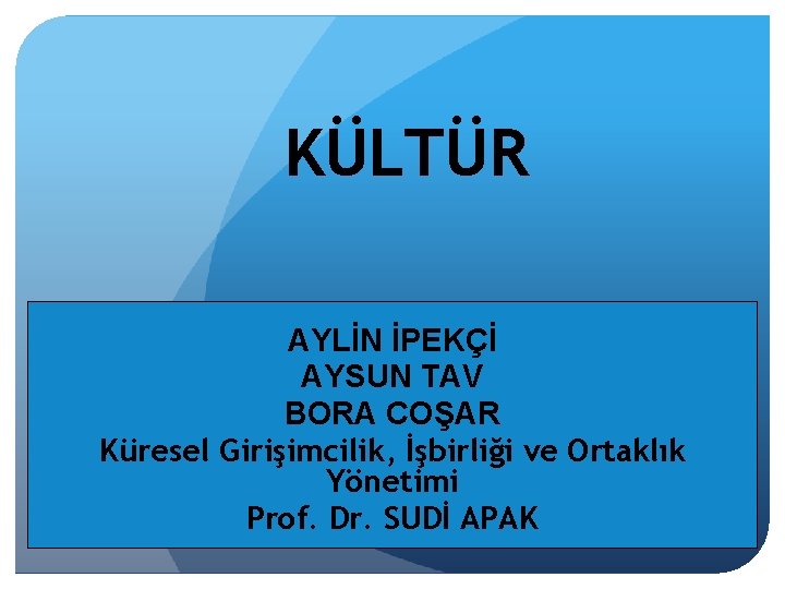 KÜLTÜR AYLİN İPEKÇİ AYSUN TAV BORA COŞAR Küresel Girişimcilik, İşbirliği ve Ortaklık Yönetimi Prof.