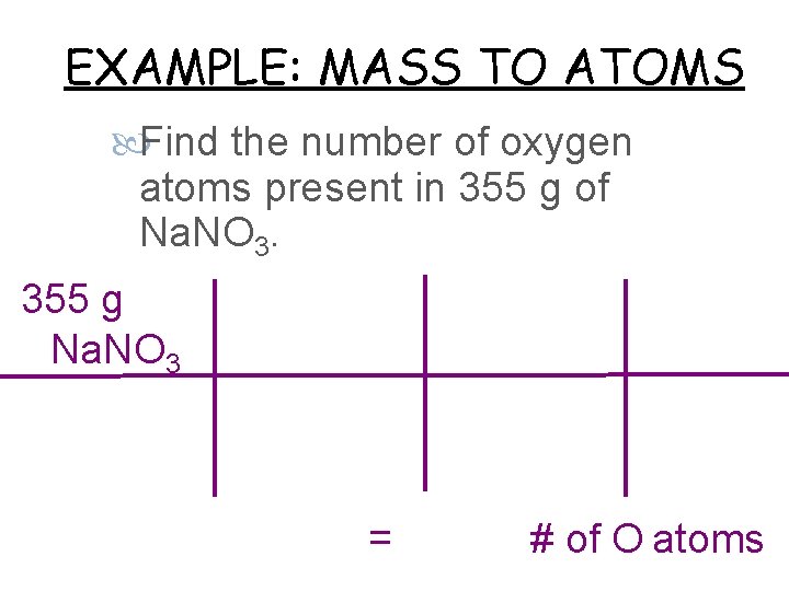 EXAMPLE: MASS TO ATOMS Find the number of oxygen atoms present in 355 g
