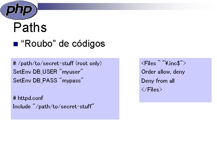 Paths n “Roubo” de códigos # /path/to/secret-stuff (root only) Set. Env DB_USER "myuser" Set.