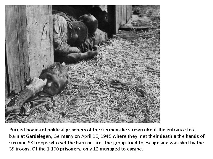 Burned bodies of political prisoners of the Germans lie strewn about the entrance to