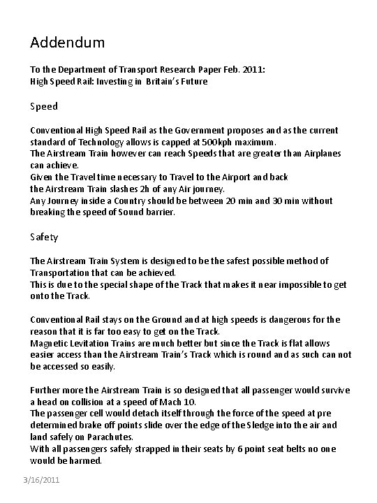 Addendum To the Department of Transport Research Paper Feb. 2011: High Speed Rail: Investing