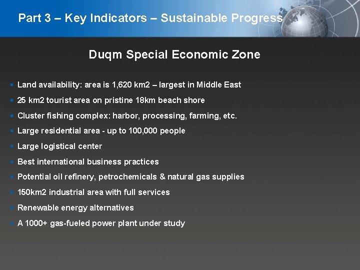 Part 3 – Key Indicators – Sustainable Progress Duqm Special Economic Zone Land availability: