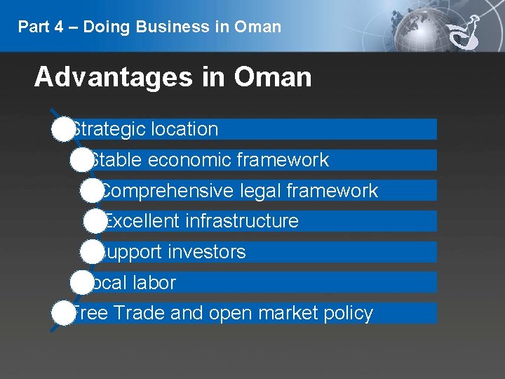 Part 4 – Doing Business in Oman Advantages in Oman Strategic location Stable economic