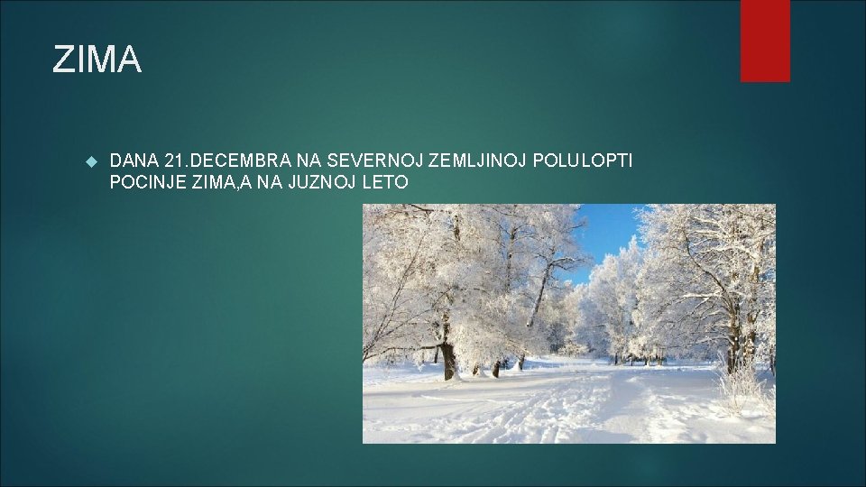 ZIMA DANA 21. DECEMBRA NA SEVERNOJ ZEMLJINOJ POLULOPTI POCINJE ZIMA, A NA JUZNOJ LETO