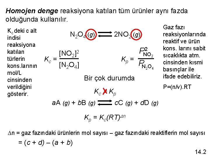 Homojen denge reaksiyona katılan tüm ürünler aynı fazda olduğunda kullanılır. Kc deki c alt